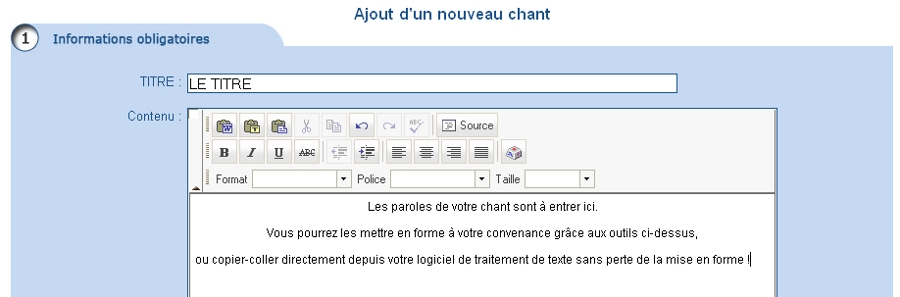 Premi&egrave;re &eacute;tape d'ajout d'un chant